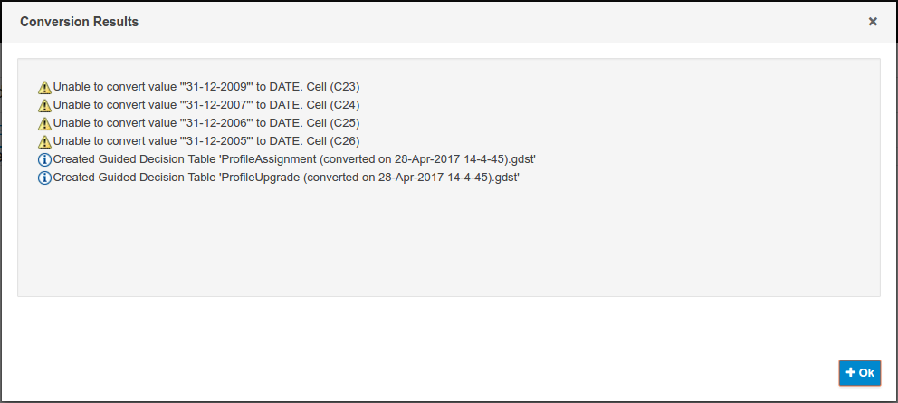 DecisionTable conversion results