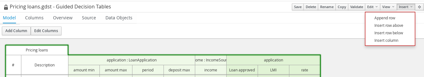 Add rows in the guided decision tables designer