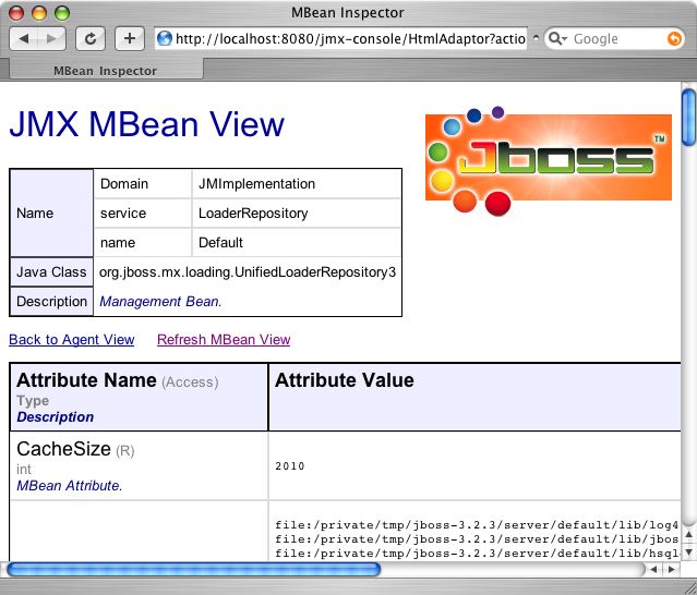 The default class LoaderRepository MBean view in the JMX console