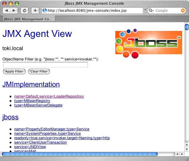 The JBoss JMX console web application agent view