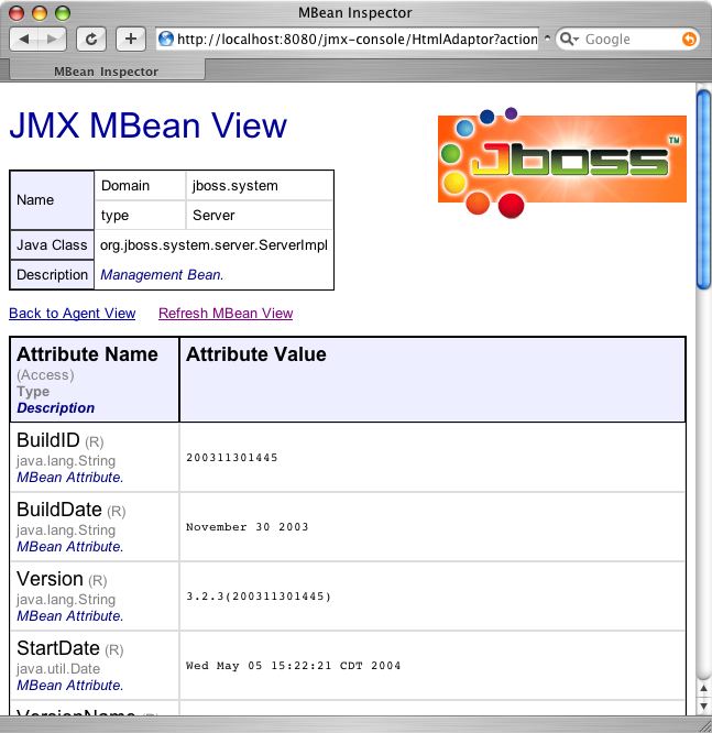 The MBean view for the "jboss.system:type=Server" MBean