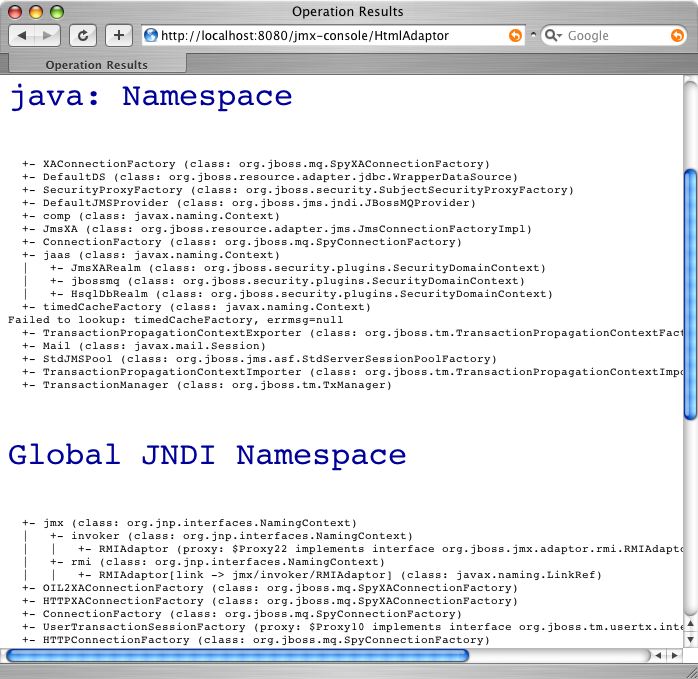 The JMX Console view of the JNDIView list operation output