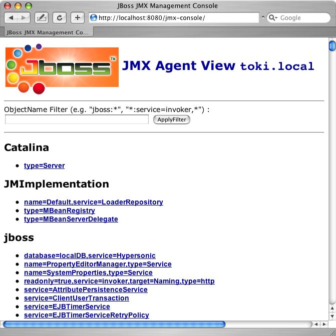 View of the JMX Management Console Web Application