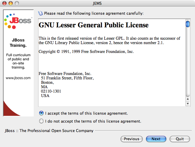 The license screen