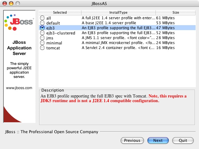 The JBoss AS installer configuration set selection screen