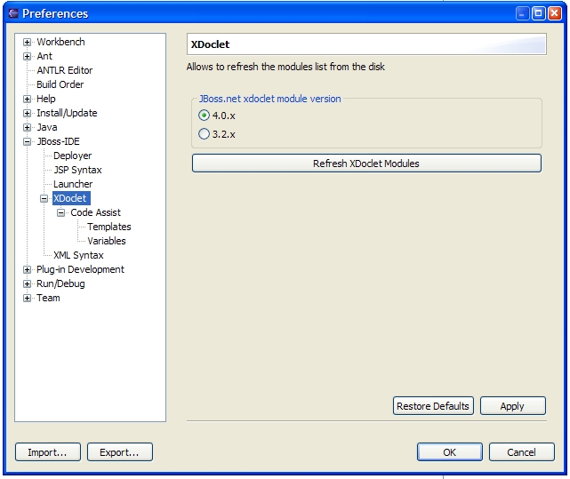 Preferences window for XDoclet modules list.