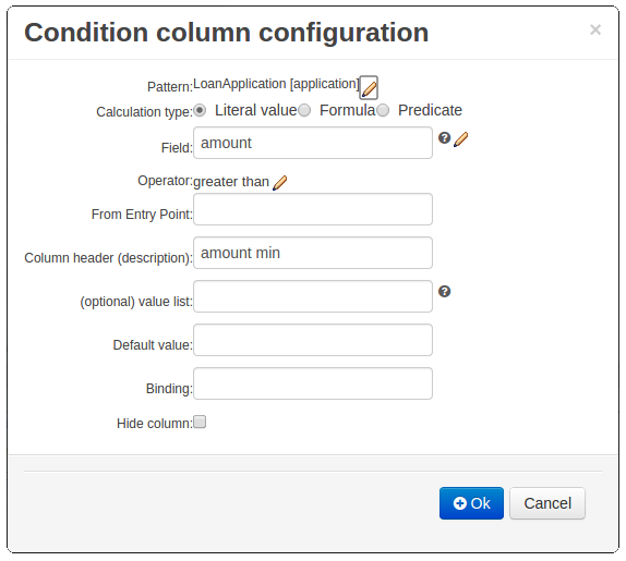 Example Guided Decision Table Editor popup