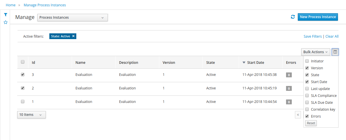 process instances column selector