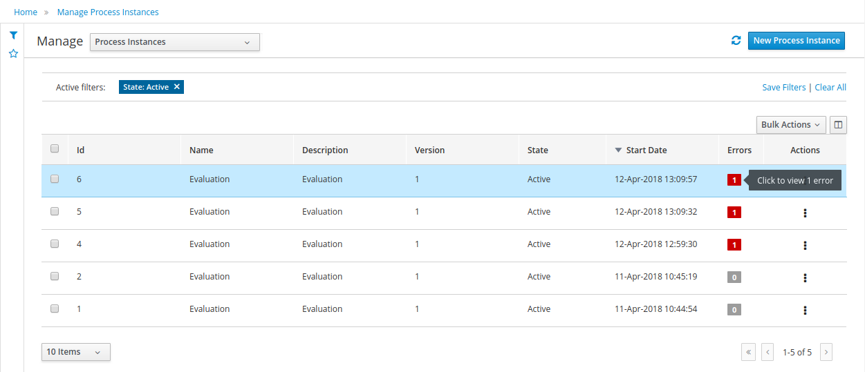 process instances error