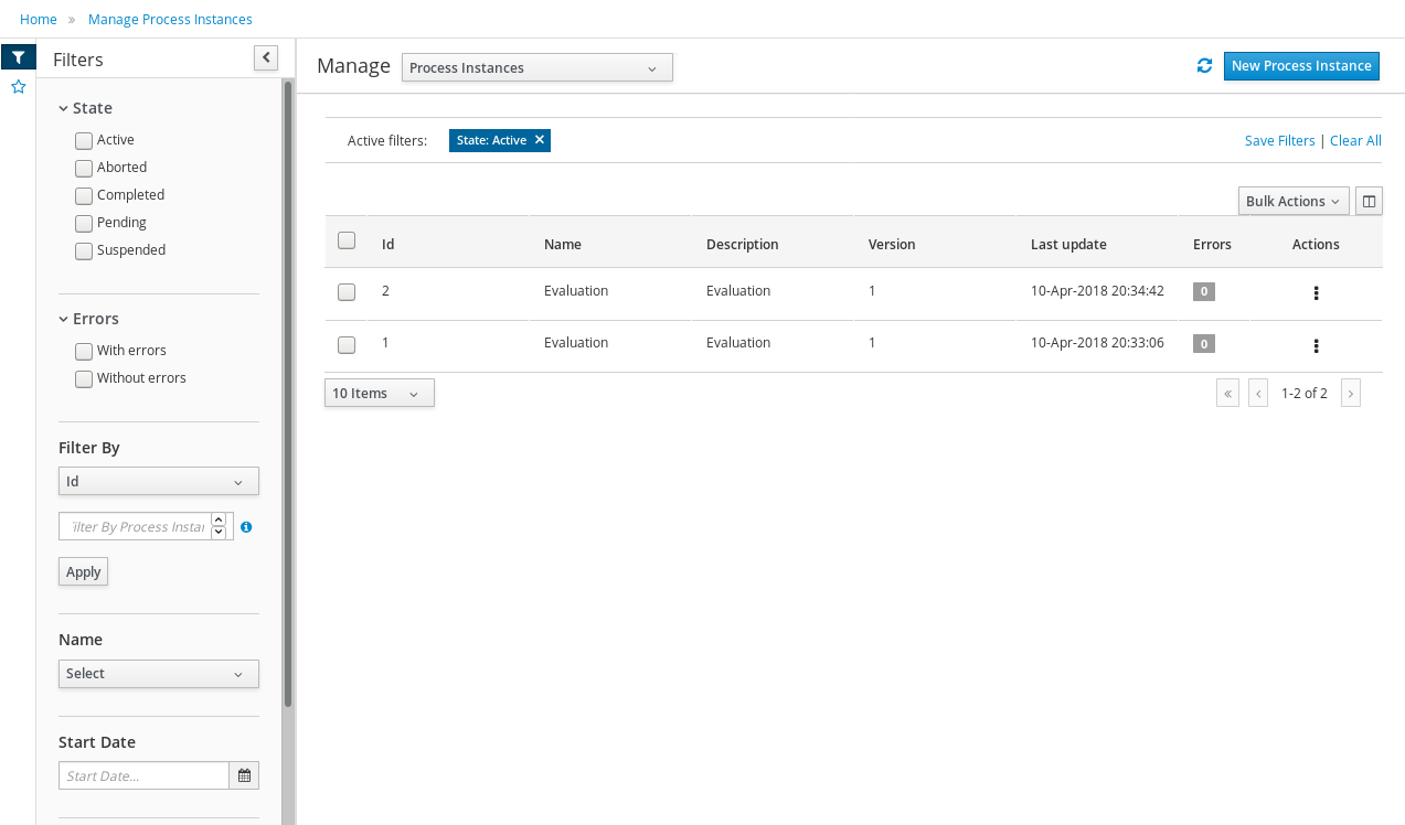 process instances list