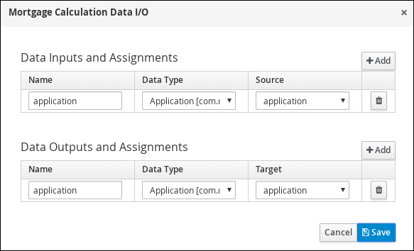 screen capture of the Mortgage Calculation Data I/O assignments