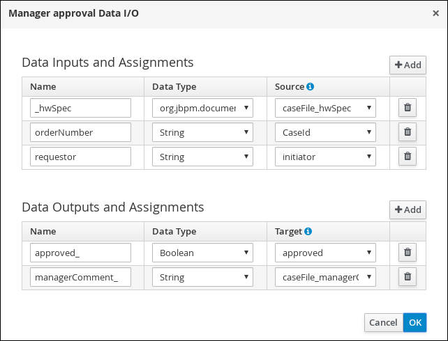 Manager approval I/O values