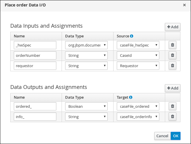 screen capture of the Place order Data I/0 dialog