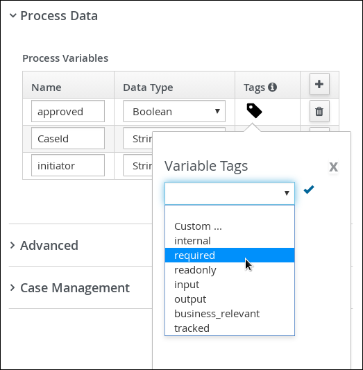 Image of variable tags in BPMN modeler