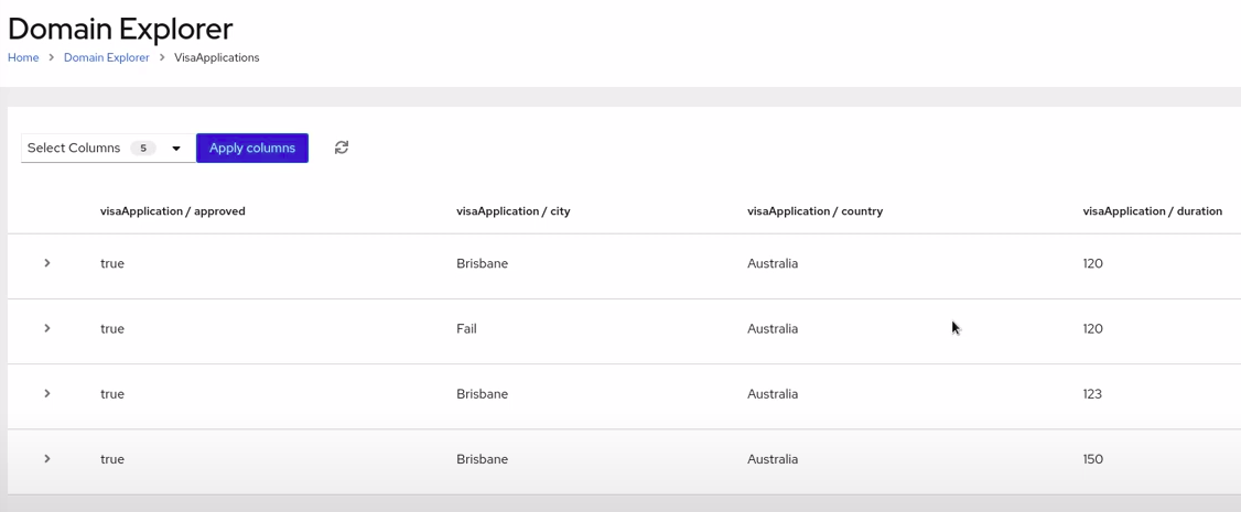 Image of VisaApplications domain data in Management Console
