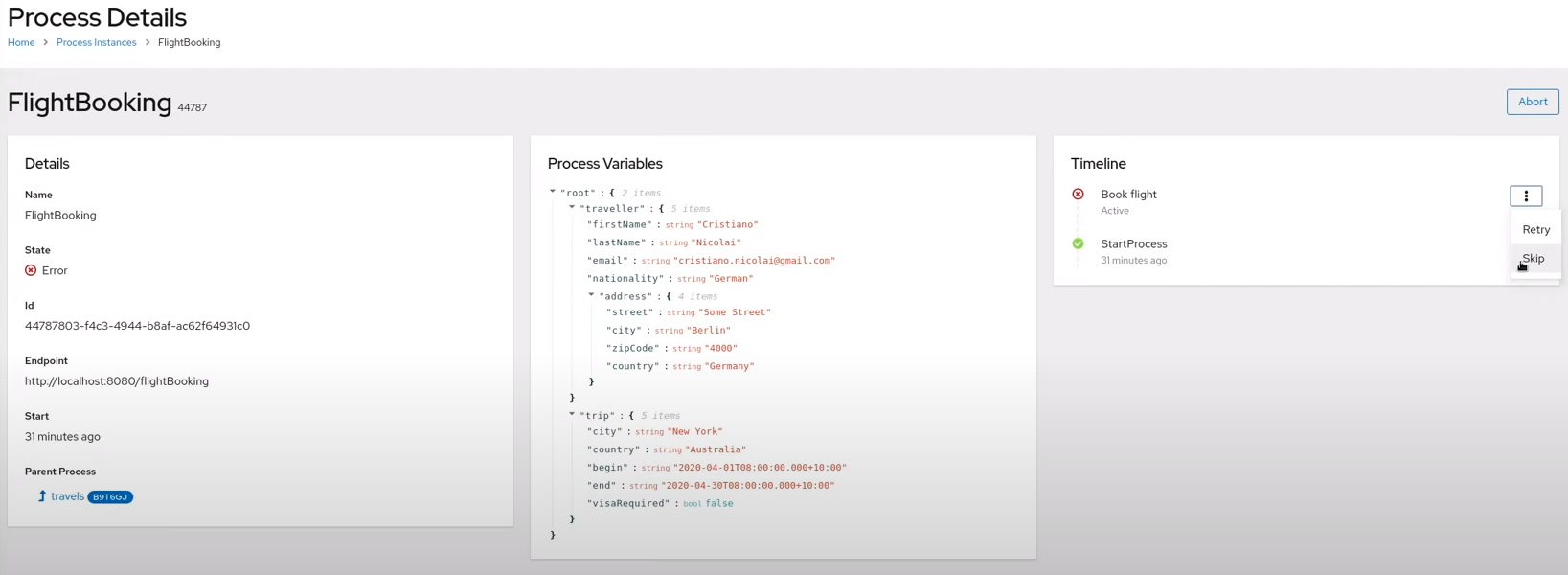 Image of skipping a node instance in error state in Management Console