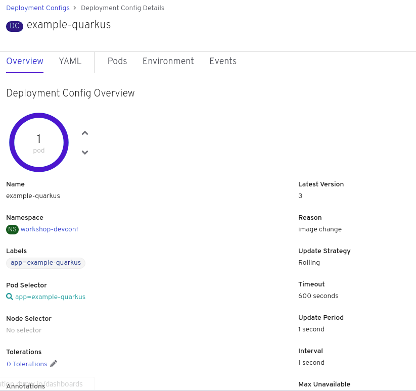 Image of Kogito service deployment details page in web console
