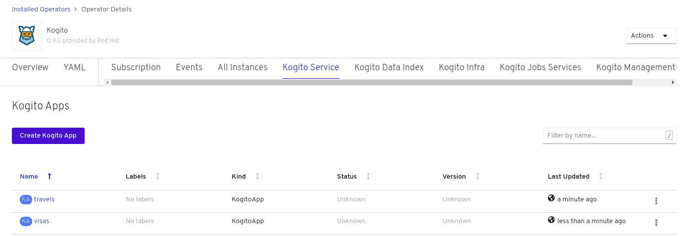 Image of travels and visas services listed in web console