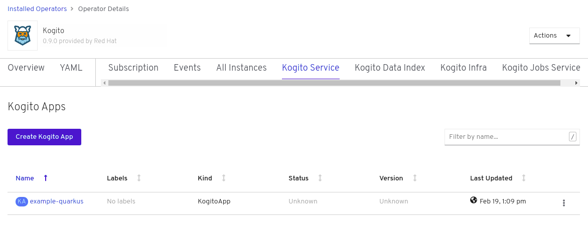 Image of Kogito service listed in web console