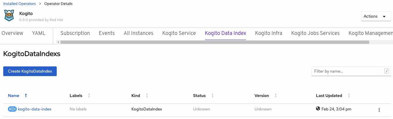 Image of Kogito Data Index page in web console