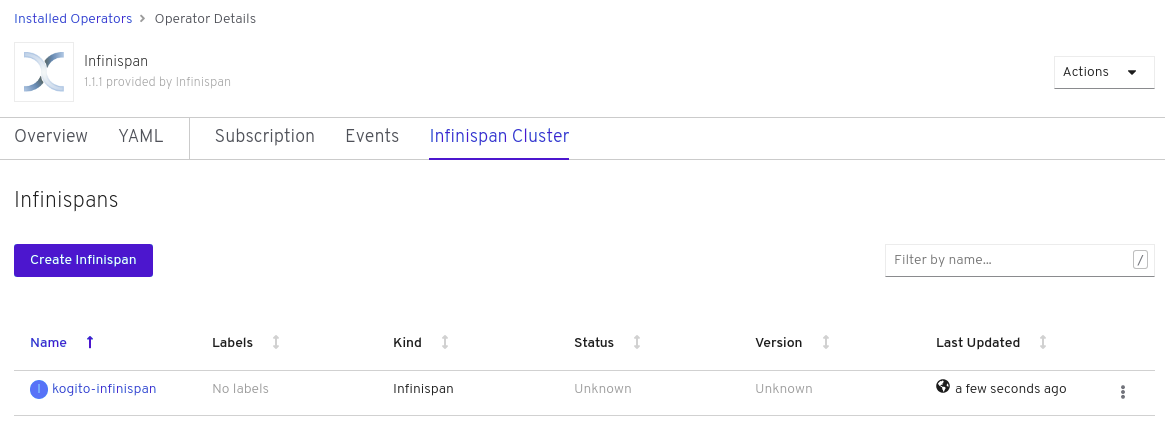 Image of Infinispan Cluster page in web console