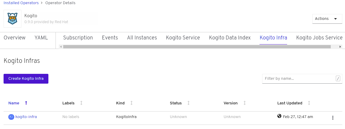 Image of Kogito Infras page in web console