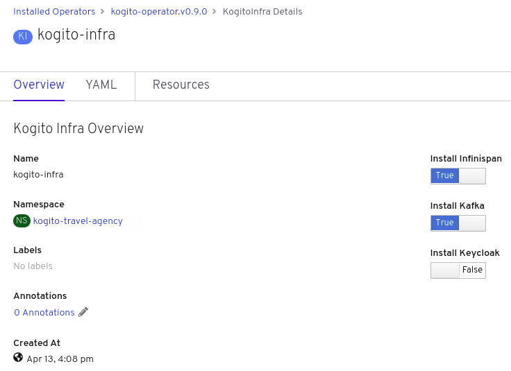 Image of Kogito infra details in web console