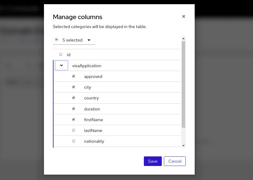 Image of attributes for VisaApplications domain data in Management Console