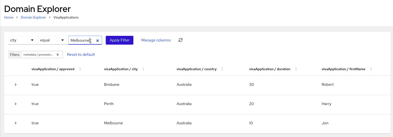 Image of select filter text for VisaApplications domain in Management Console