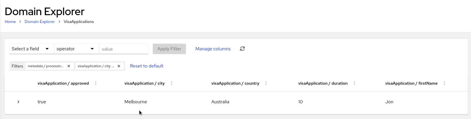 Image of filter results for VisaApplications domain in Management Console