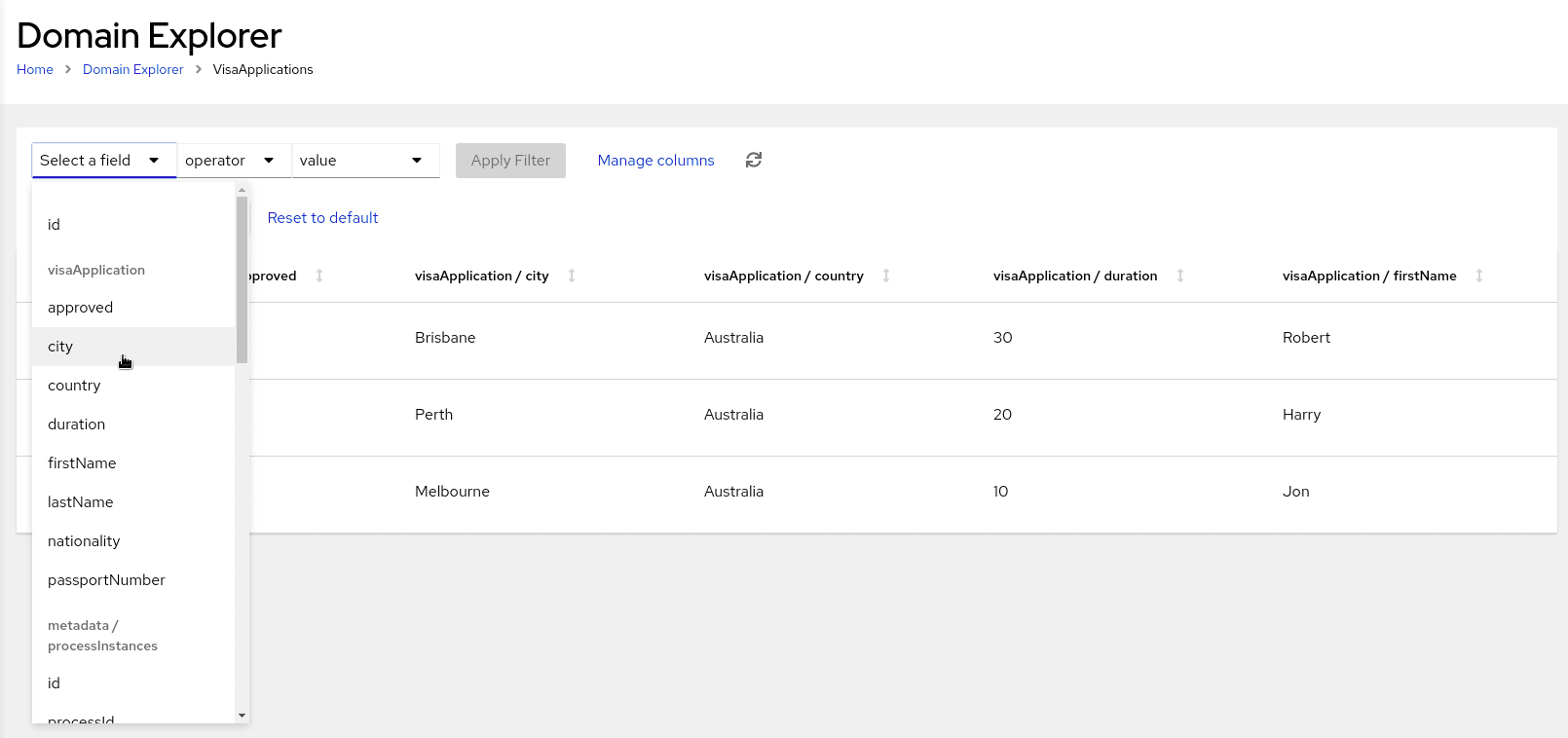 Image of select filter field for VisaApplications domain in Management Console