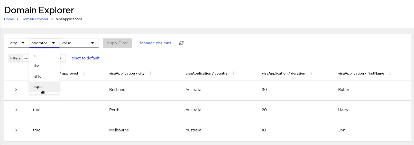 Image of select filter operator for VisaApplications domain in Management Console