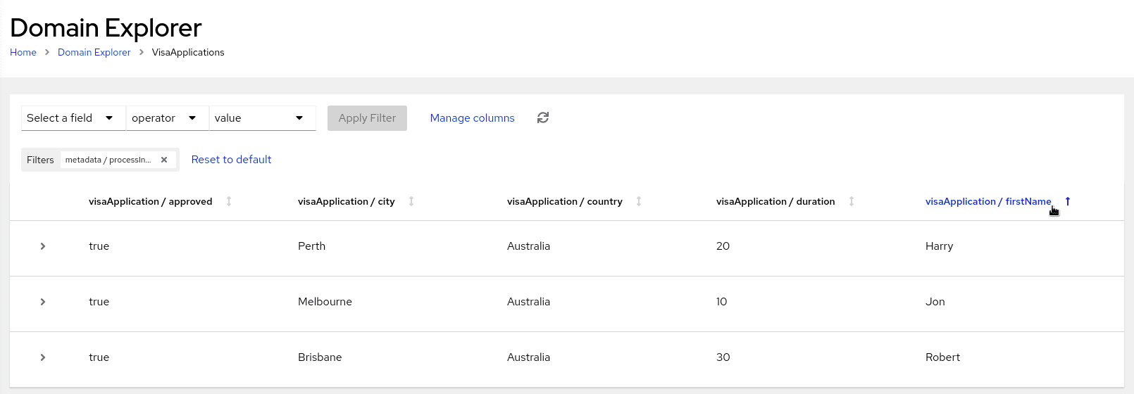 Image of sorting results for VisaApplications domain in Management Console