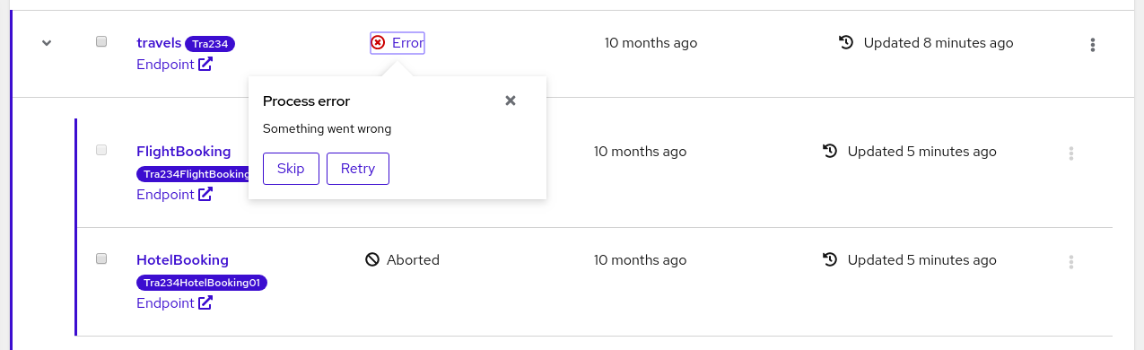 Image of process with error in Management Console