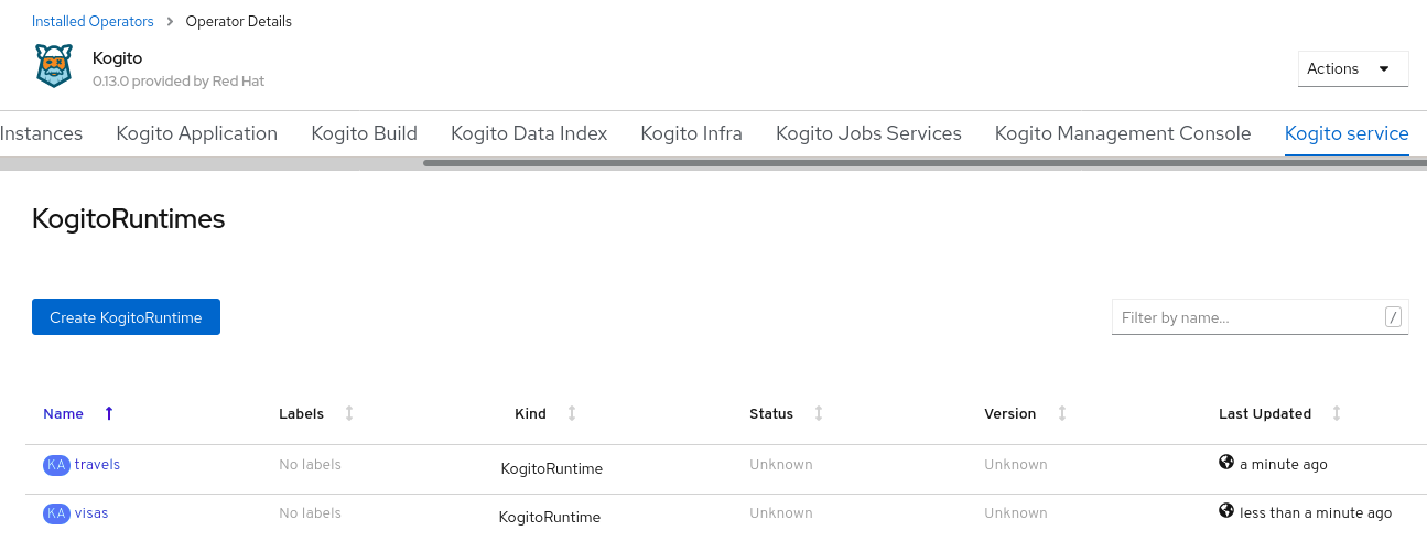 Image of travels and visas services listed in web console