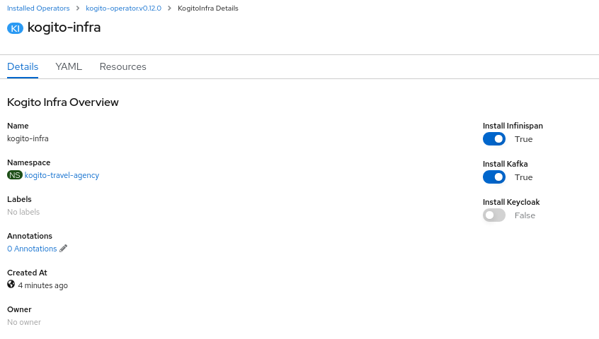 Image of Kogito infra details in web console