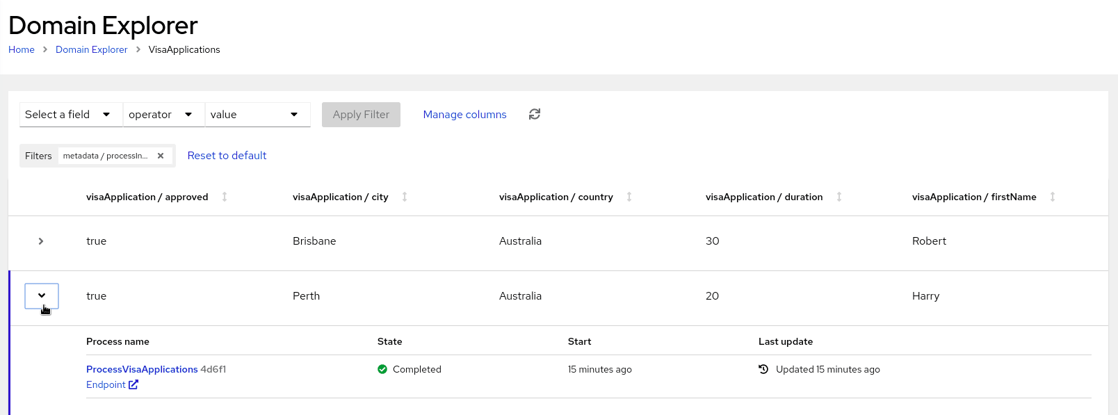 Image of sorted data for VisaApplications domain in Management Console