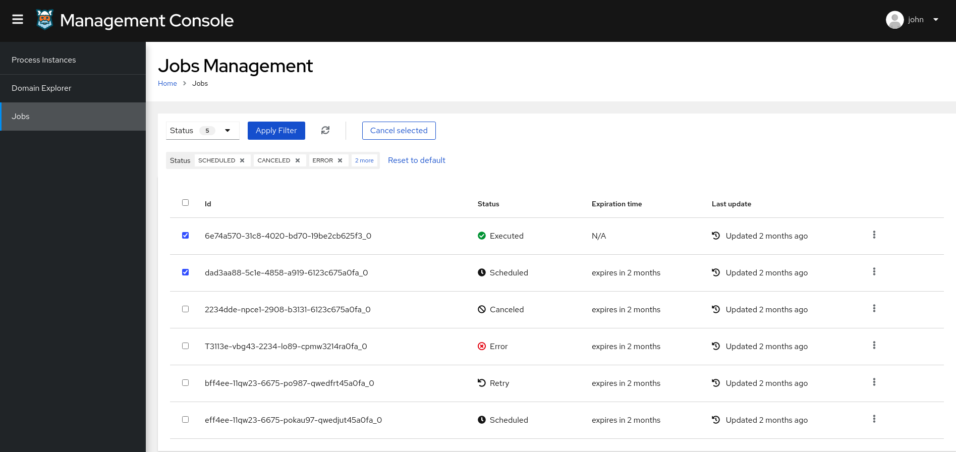 Image of Jobs Management page in Management Console