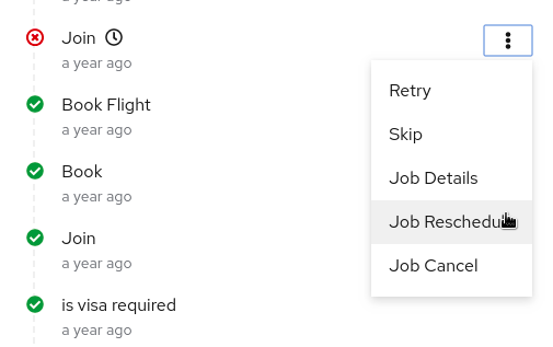 Image of job actions options for error node in timeline of Management Console