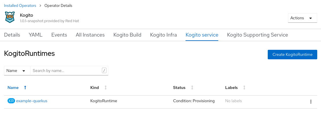 Image of Kogito service listed in web console