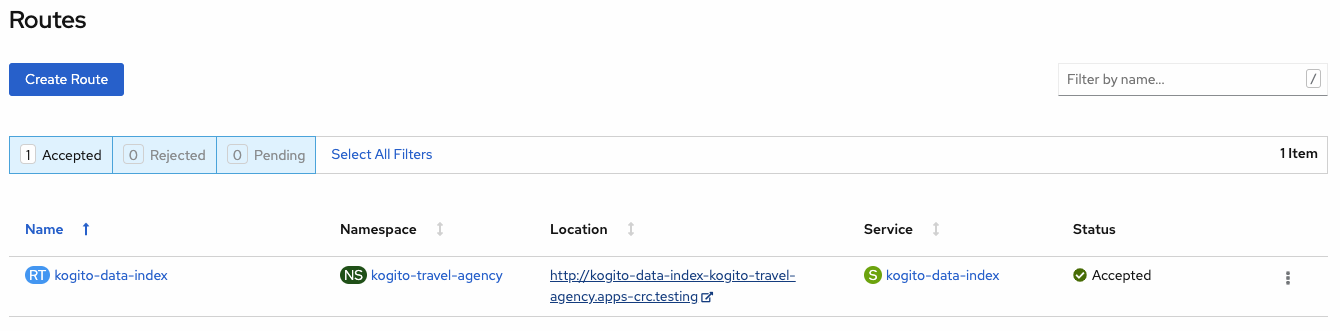 Image of Data Index route page in web console