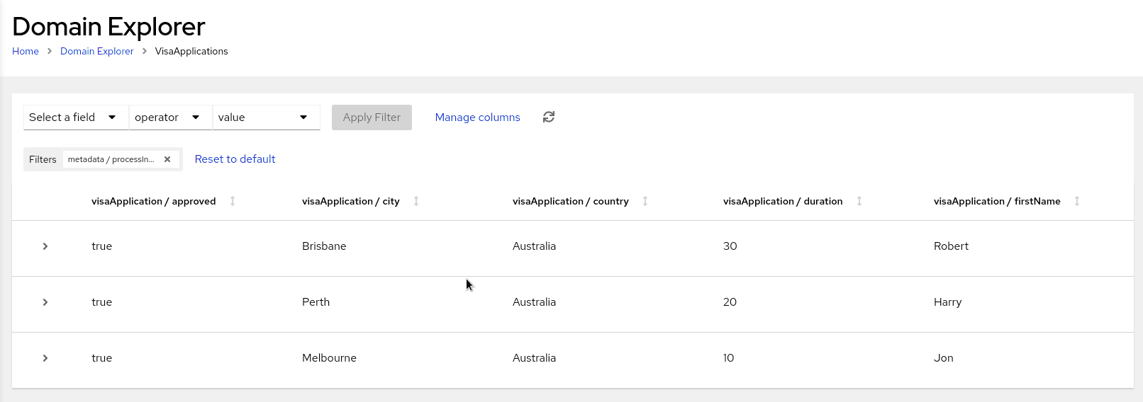 Image of filters for VisaApplications domain in Management Console