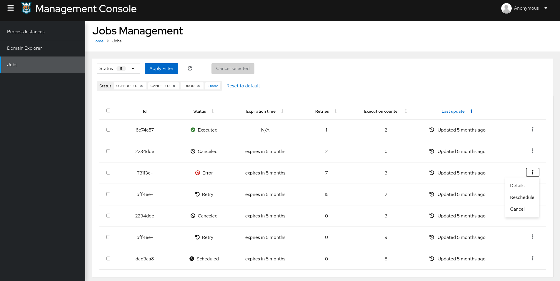 Image of Jobs Management page in Management Console