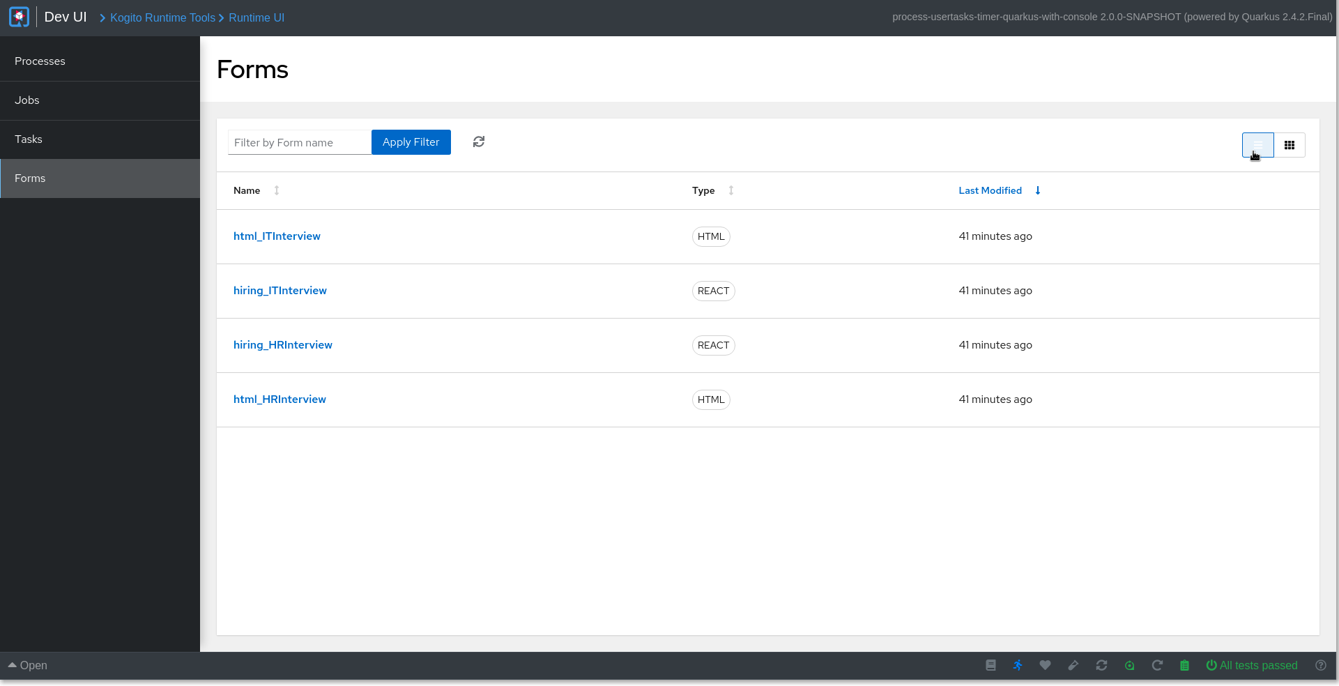 Image of forms in Dev UI table view