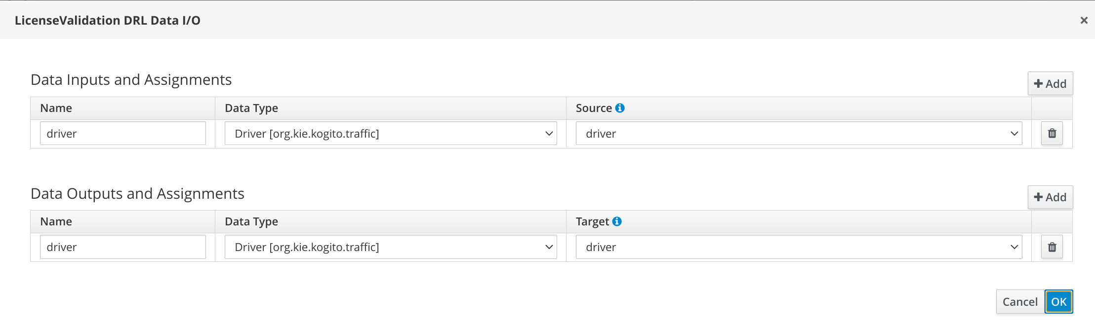 Image of License Validation Service Task data assignment in process designer