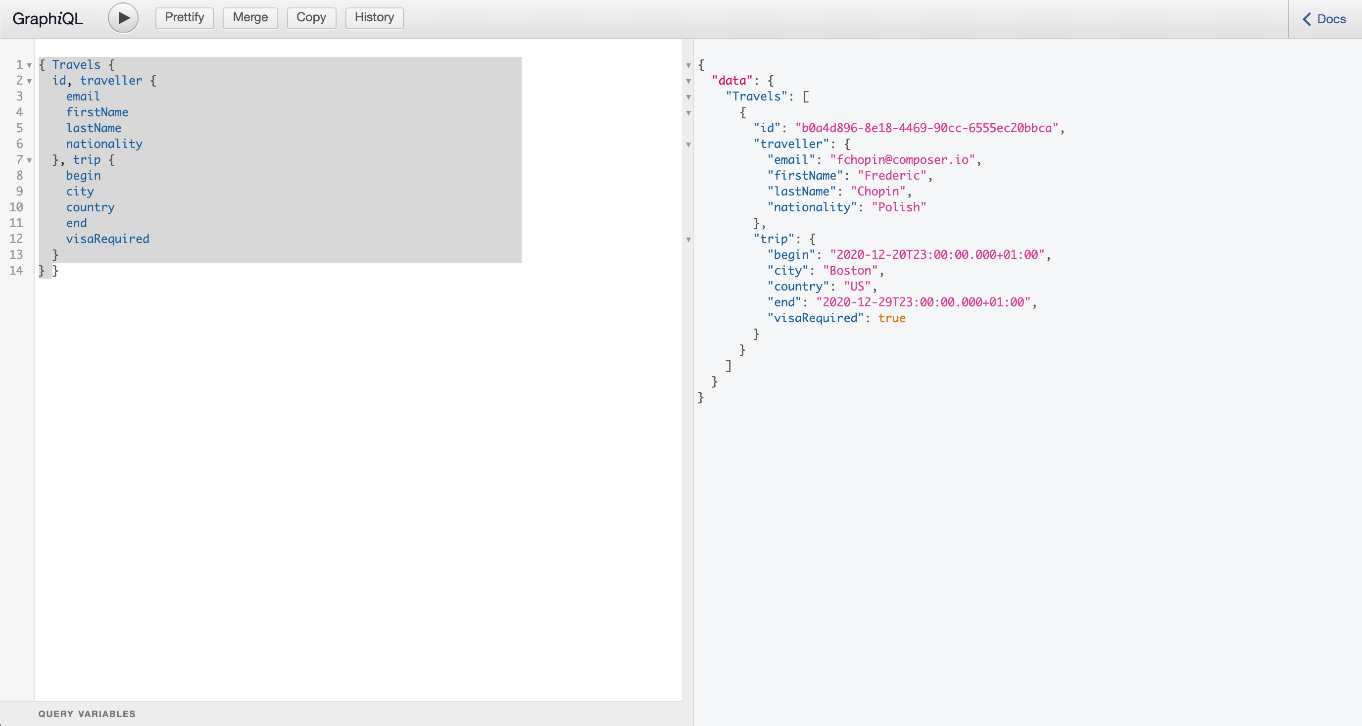 Image of GraphQL query and response for travels