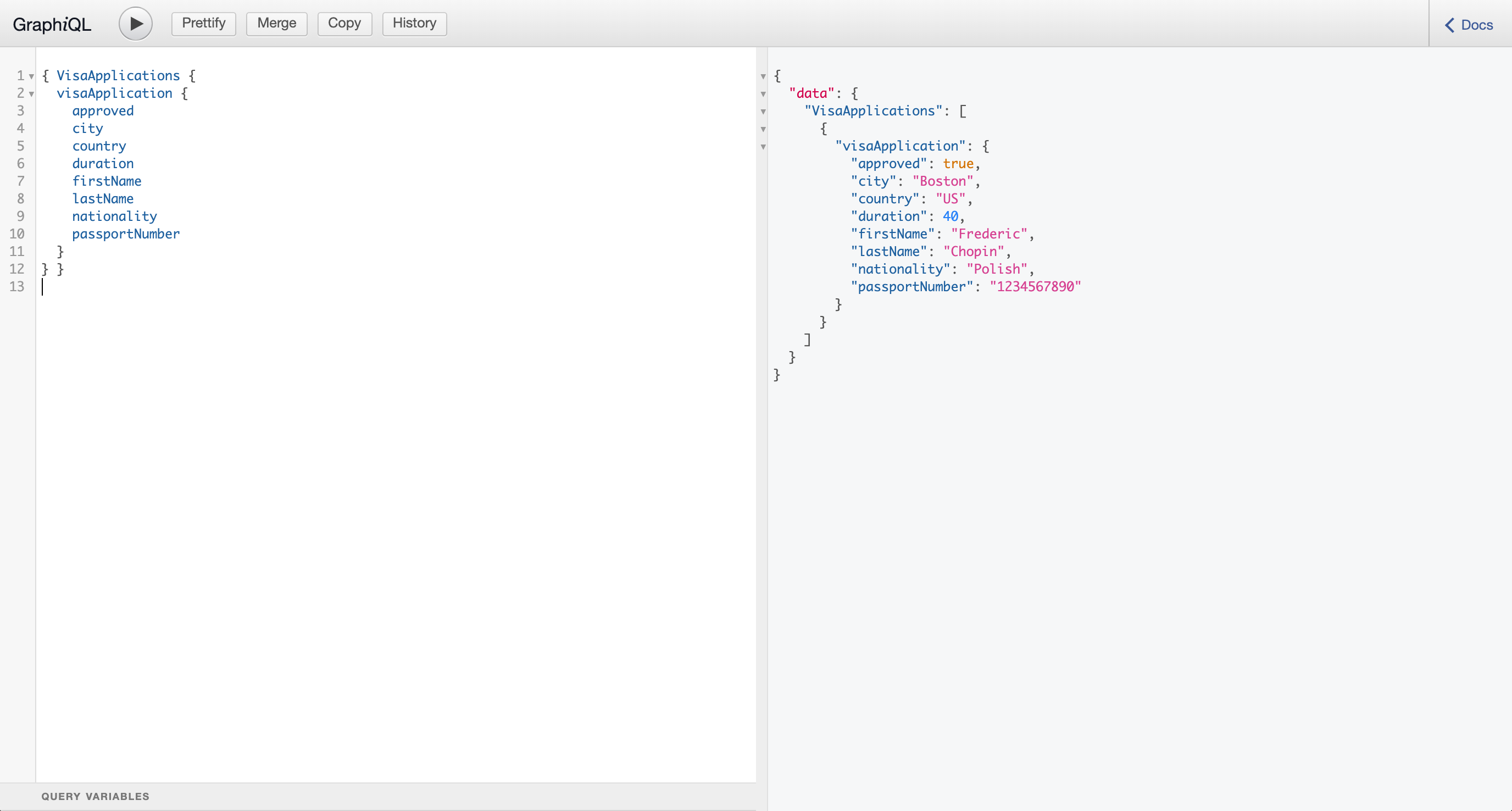 Image of GraphQL query and response for visa applications