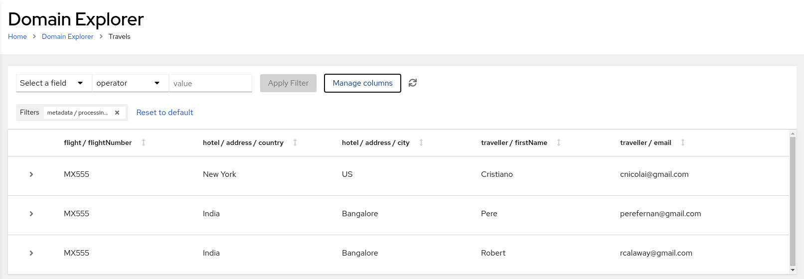 Image of filters for VisaApplications domain in Management Console