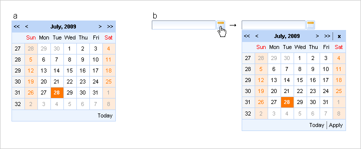 The <rich:calendar> with popup="false" (a) and default representation (b)