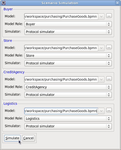 Scenario simulation dialog fully configured to verify a choreography model